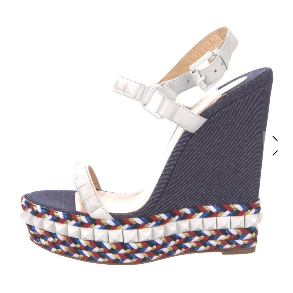 😍 Christian Louboutin Cataclou 140 Denim Studded Wedges | FREE SHIPPING ❤️🤍💙